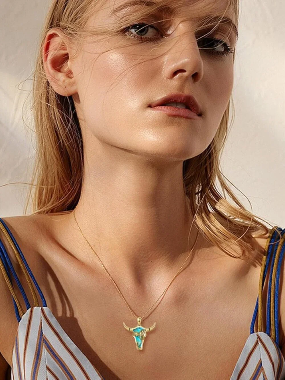 Women's Gold A Sterling Turquoise Pendant Highland Cow Skull Western Necklace
